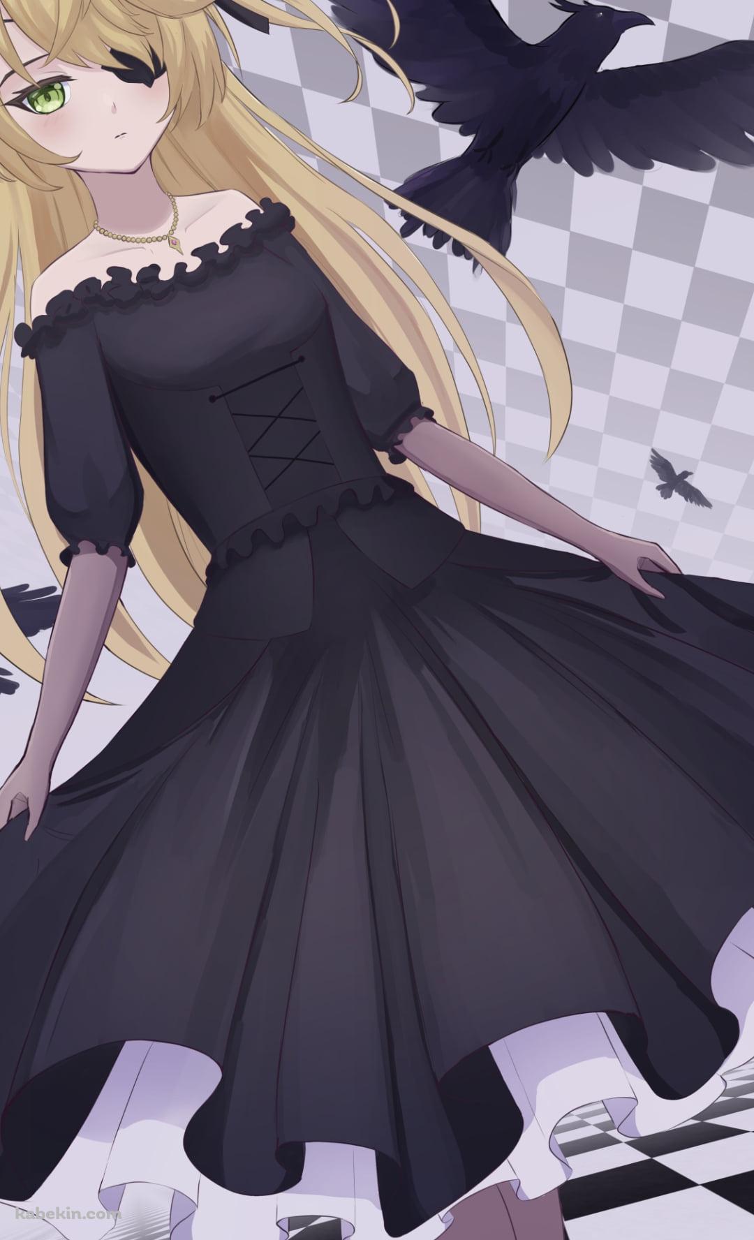 黒と白の部屋に佇むフィッシュル / 大量のカラス / 原神のAndroidの壁紙(1080px x 1776px) スマホ用