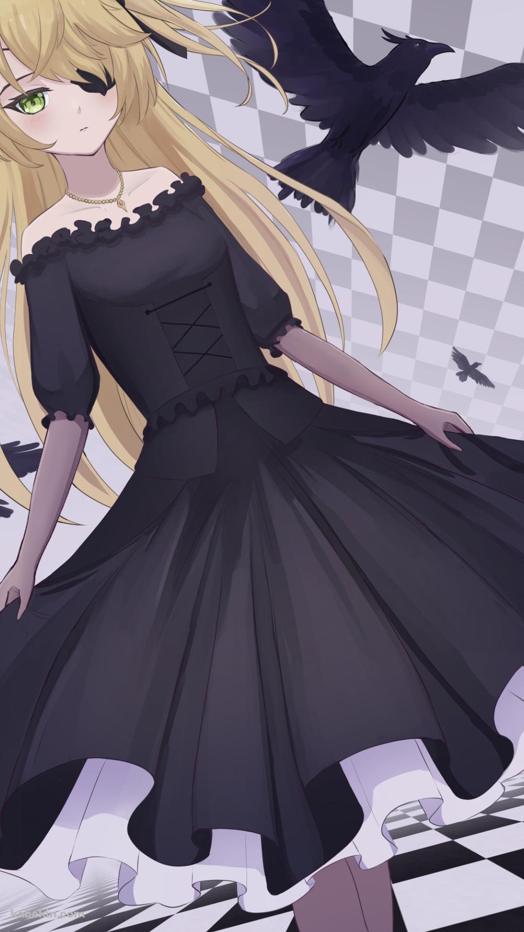 黒と白の部屋に佇むフィッシュル / 大量のカラス / 原神のAndroidの壁紙(1080px x 1920px) スマホ用