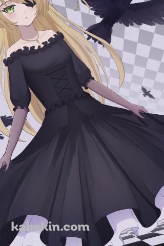黒と白の部屋に佇むフィッシュル / 大量のカラス / 原神のAndroidの壁紙(320px x 480px) スマホ用