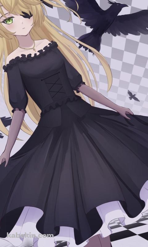 黒と白の部屋に佇むフィッシュル / 大量のカラス / 原神のAndroidの壁紙(480px x 800px) スマホ用