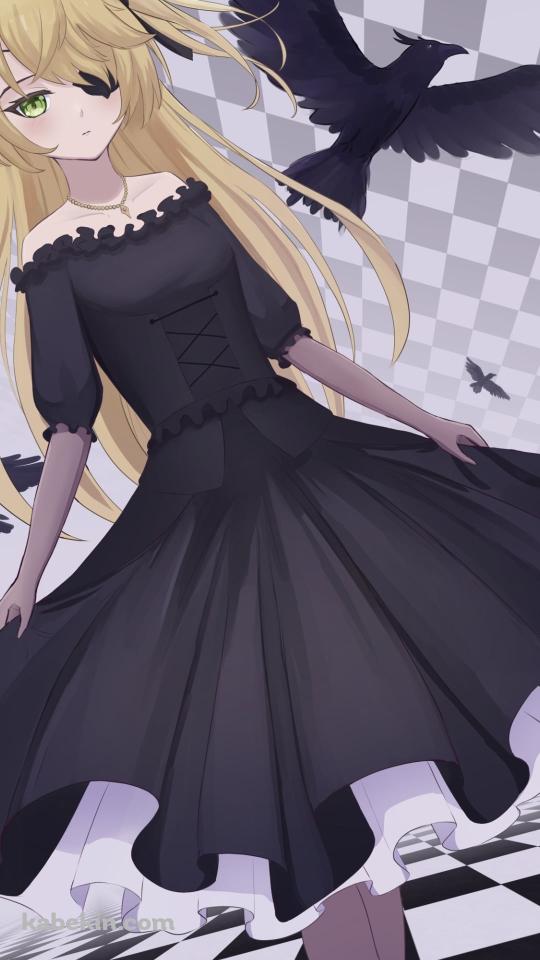 黒と白の部屋に佇むフィッシュル / 大量のカラス / 原神のAndroidの壁紙(540px x 960px) スマホ用