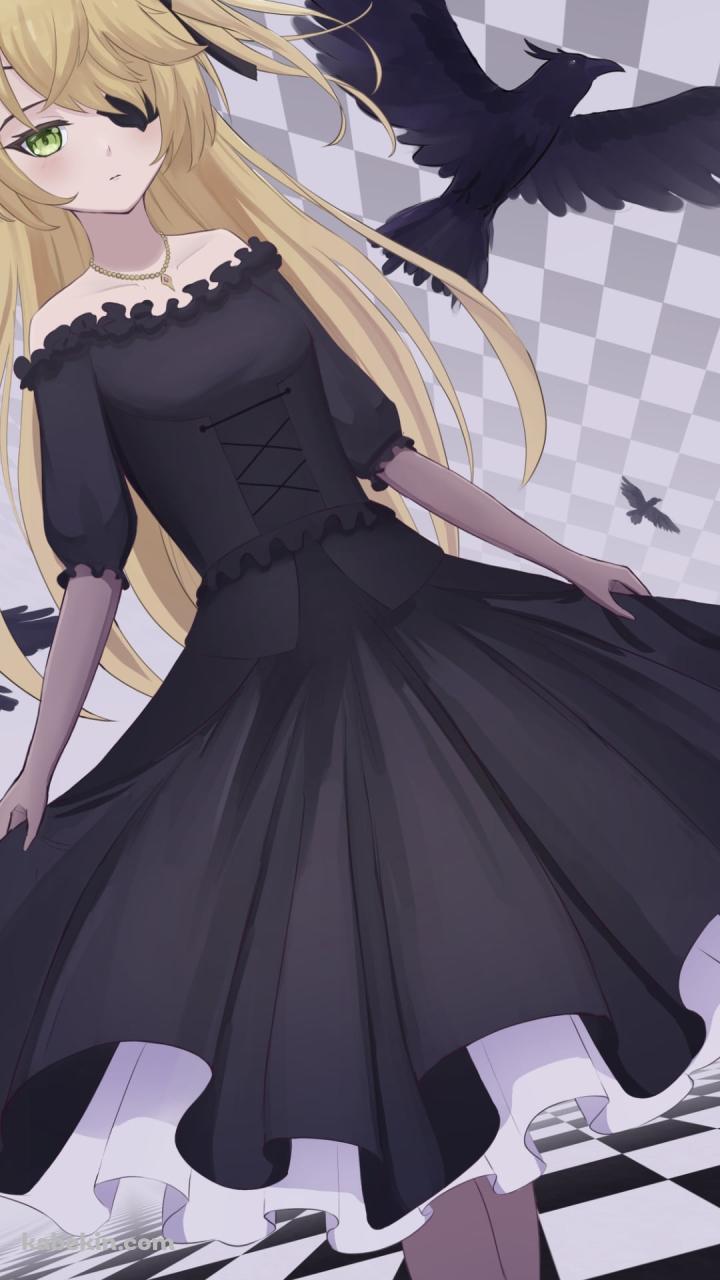 黒と白の部屋に佇むフィッシュル / 大量のカラス / 原神のAndroidの壁紙(720px x 1280px) スマホ用
