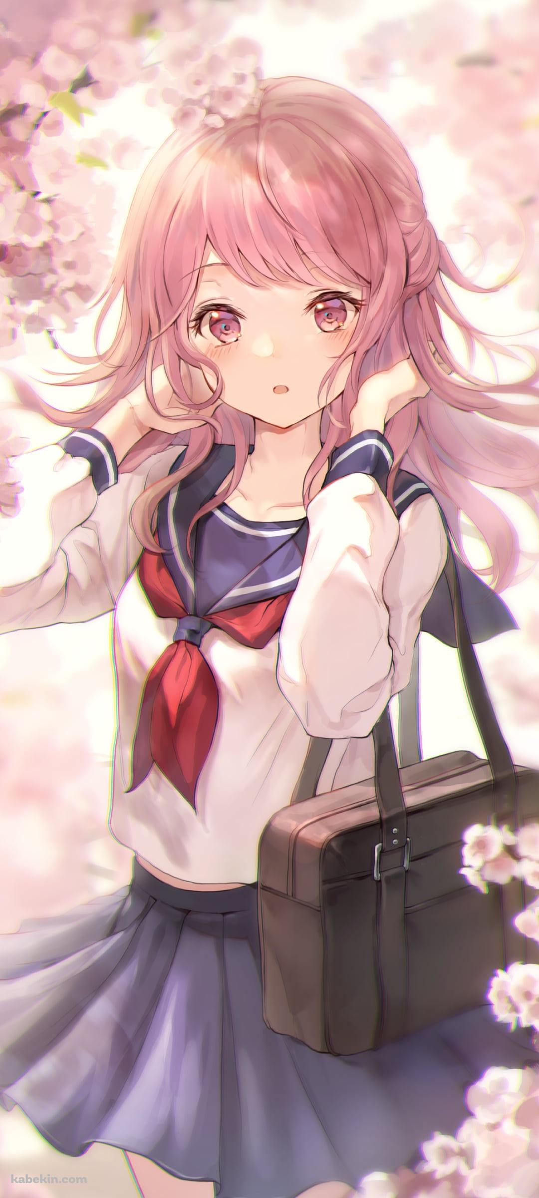 桜の花とセーラー服を着た可愛い丸山彩 / バンドリ！のAndroidの壁紙(1080px x 2400px) スマホ用
