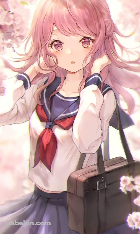 桜の花とセーラー服を着た可愛い丸山彩 / バンドリ！のAndroidの壁紙(480px x 800px) スマホ用