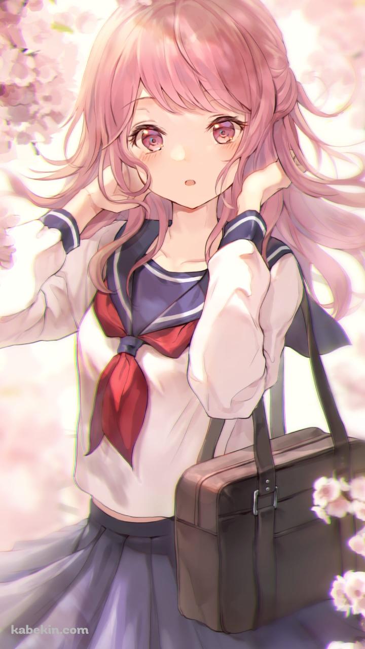 桜の花とセーラー服を着た可愛い丸山彩 / バンドリ！のAndroidの壁紙(720px x 1280px) スマホ用