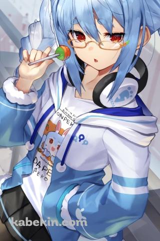 緑とオレンジの飴を舐めるメガネをかけた兎田ぺこら / ホロライブ / バーチャルYouTuber / VtuberのAndroidの壁紙(320px x 480px) スマホ用