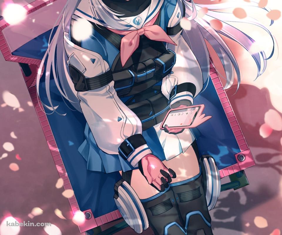 青とピンクの椅子に座り桜を見上げる月雪ミヤコ / ブルアカ / ブルーアーカイブのAndroidの壁紙(960px x 800px) スマホ用