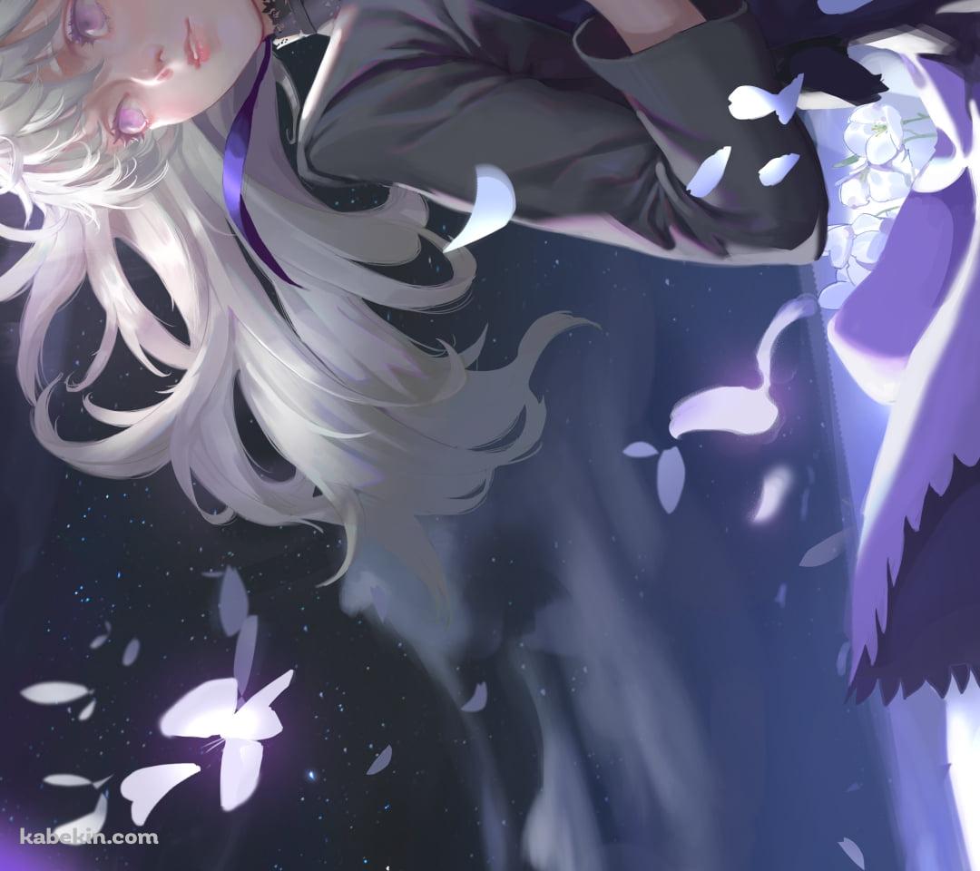 白い花畑に佇む銀 / 満月 / 黒の契約者のAndroidの壁紙(1080px x 960px) スマホ用