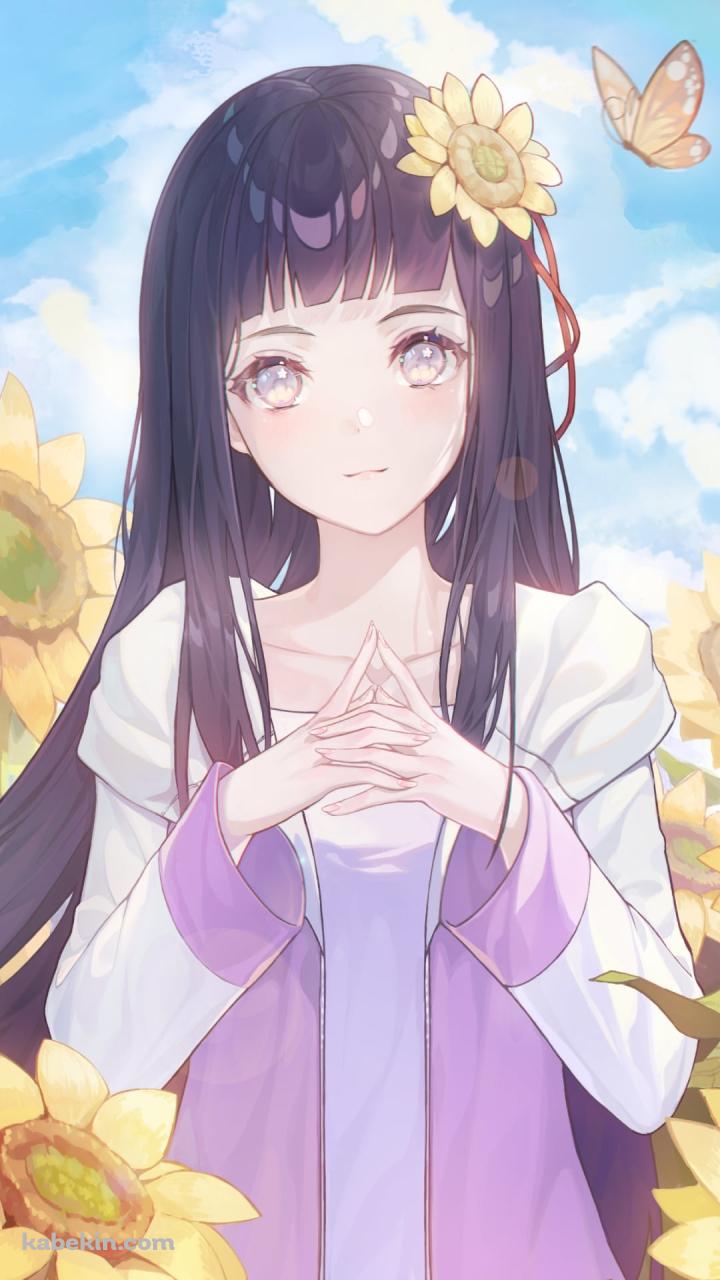 向日葵畑の中に佇む可愛い日向ヒナタ / オレンジの蝶 / 青空 / NARUTOのAndroidの壁紙(720px x 1280px) スマホ用