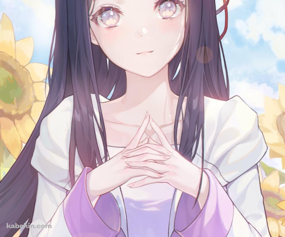 向日葵畑の中に佇む可愛い日向ヒナタ / オレンジの蝶 / 青空 / NARUTOのAndroidの壁紙(960px x 800px) スマホ用