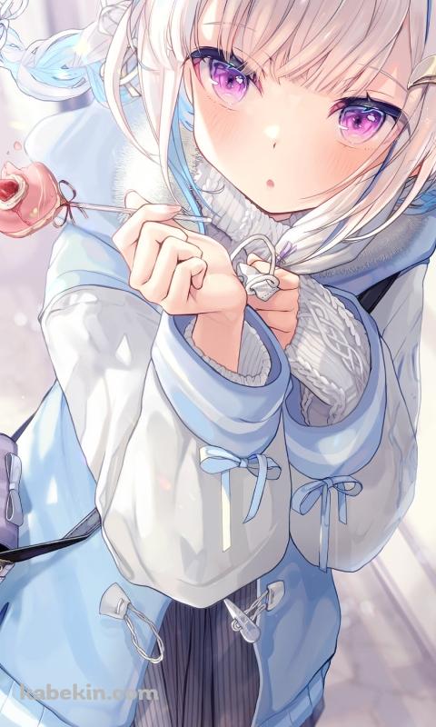 ピンクの飴を持つ可愛いリゼ・ヘルエスタ / 紫のポシェット / にじさんじ / バーチャルYouTuber / VtuberのAndroidの壁紙(480px x 800px) スマホ用