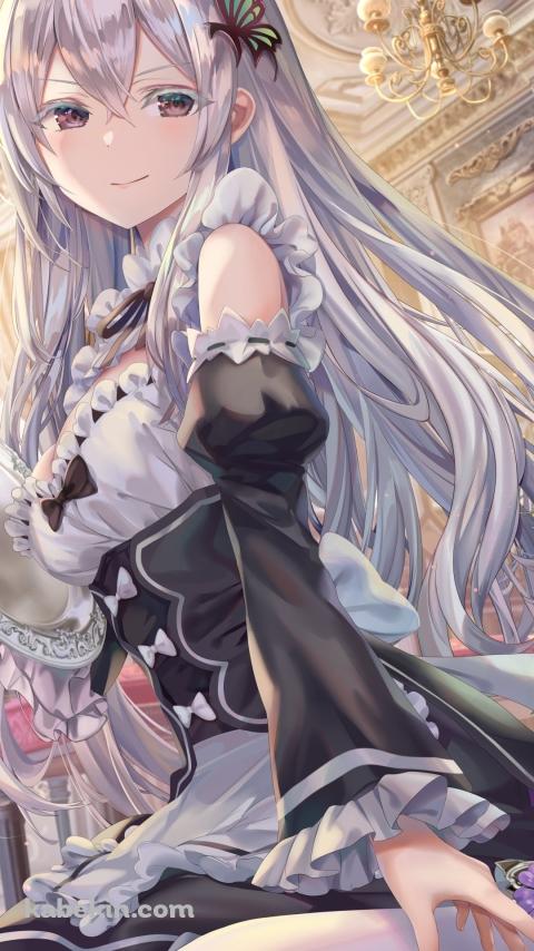 メイド服を着て座っている可愛いエキドナ / re:ゼロから始める異世界生活のAndroidの壁紙(480px x 854px) スマホ用