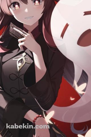 黒いお札を持ち微笑む胡桃とお化け / 原神のAndroidの壁紙(320px x 480px) スマホ用