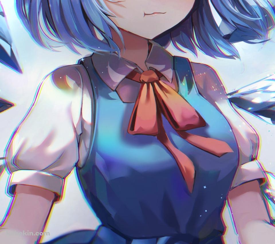スカートの裾を両手で持ちこちらを見つめる可愛いチルノ / 東方のAndroidの壁紙(960px x 854px) スマホ用