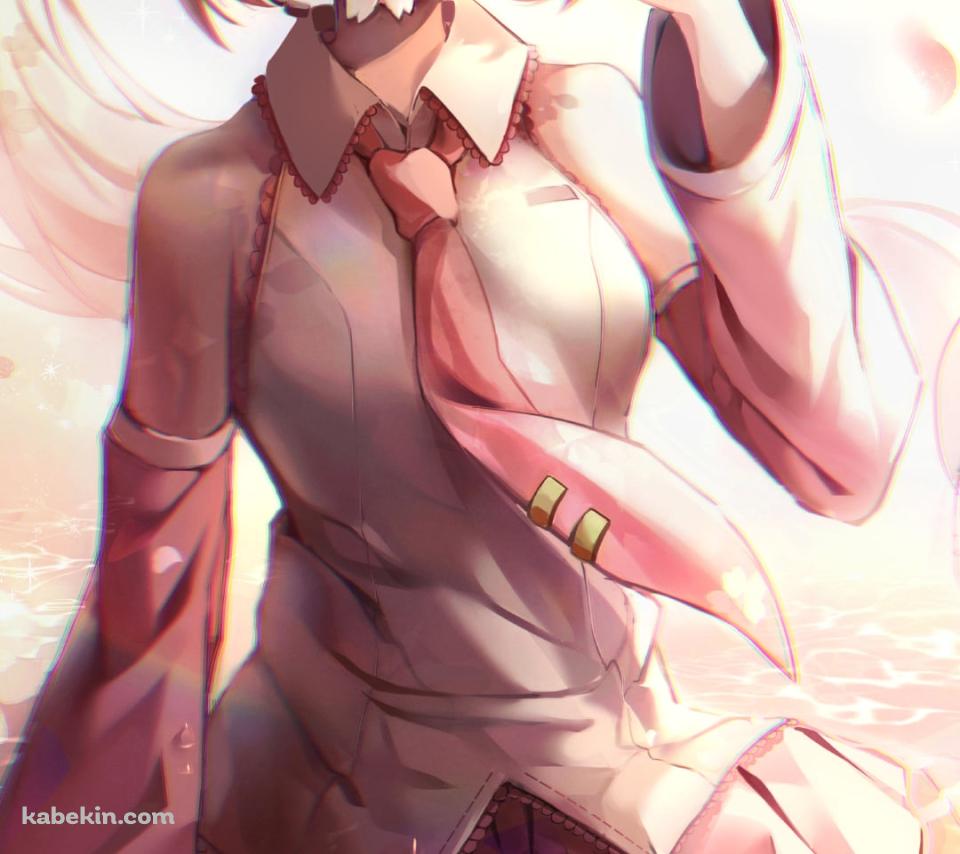 水に浸かる桜の花びらを咥えた可愛い桜ミク / ボカロ / ボーカロイドのAndroidの壁紙(960px x 854px) スマホ用