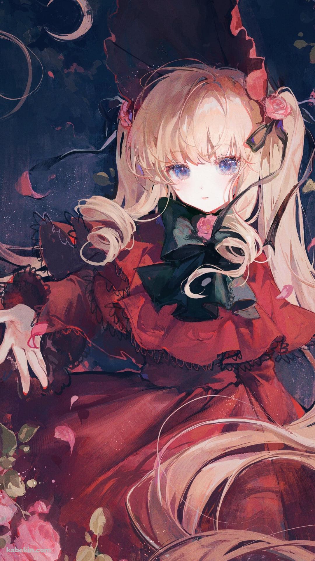 ピンクの花と赤い服を着た真紅 / ローゼンメイデンのAndroidの壁紙(1080px x 1920px) スマホ用