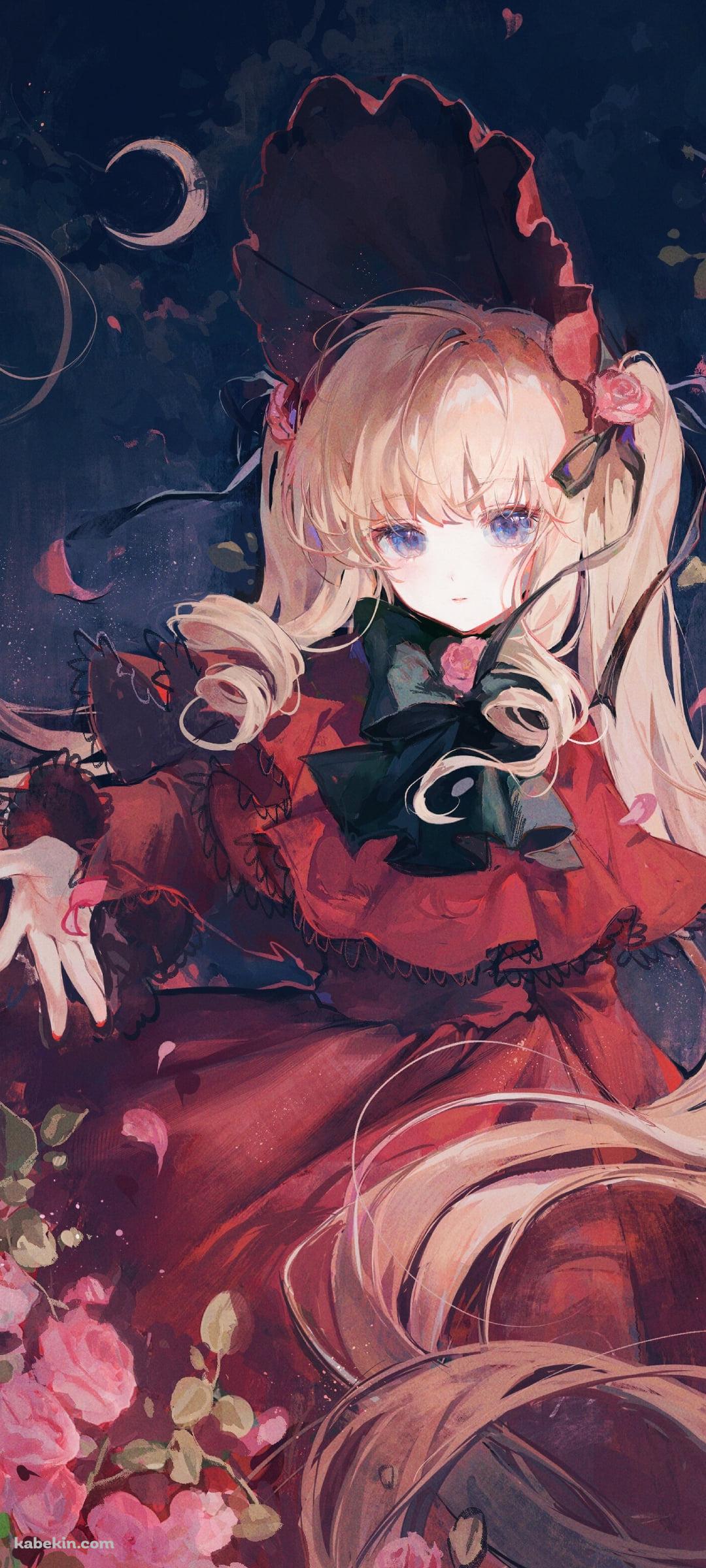 ピンクの花と赤い服を着た真紅 / ローゼンメイデンのAndroidの壁紙(1080px x 2400px) スマホ用