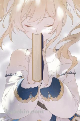 目をつぶり厚い本を閉じるバーバラ / 原神のAndroidの壁紙(320px x 480px) スマホ用