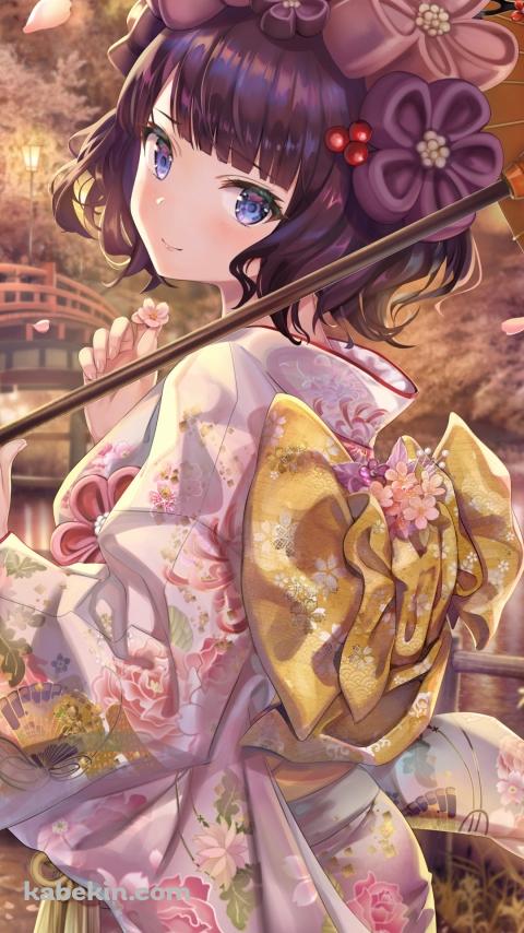 赤い和傘をさしピンクの着物を着た可愛い葛飾北斎 / fate/grand orderのAndroidの壁紙(480px x 854px) スマホ用