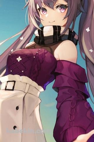 私服の刻晴 / 紫と白のコーディネート / 笑顔 / 原神のAndroidの壁紙(320px x 480px) スマホ用