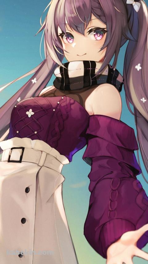私服の刻晴 / 紫と白のコーディネート / 笑顔 / 原神のAndroidの壁紙(480px x 854px) スマホ用