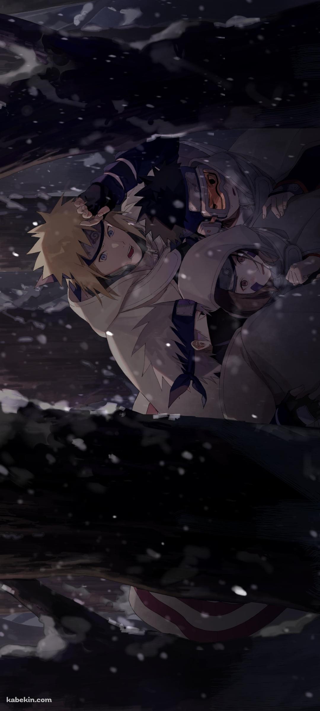 雪が降る中、うずくまる波風ミナト / はたけカカシ / うちはオビト / のはらリン / NARUTOのAndroidの壁紙(1080px x 2400px) スマホ用