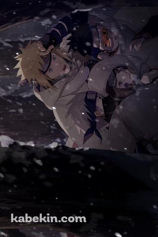 雪が降る中、うずくまる波風ミナト / はたけカカシ / うちはオビト / のはらリン / NARUTOのAndroidの壁紙(320px x 480px) スマホ用