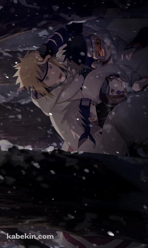 雪が降る中、うずくまる波風ミナト / はたけカカシ / うちはオビト / のはらリン / NARUTOのAndroidの壁紙(480px x 800px) スマホ用