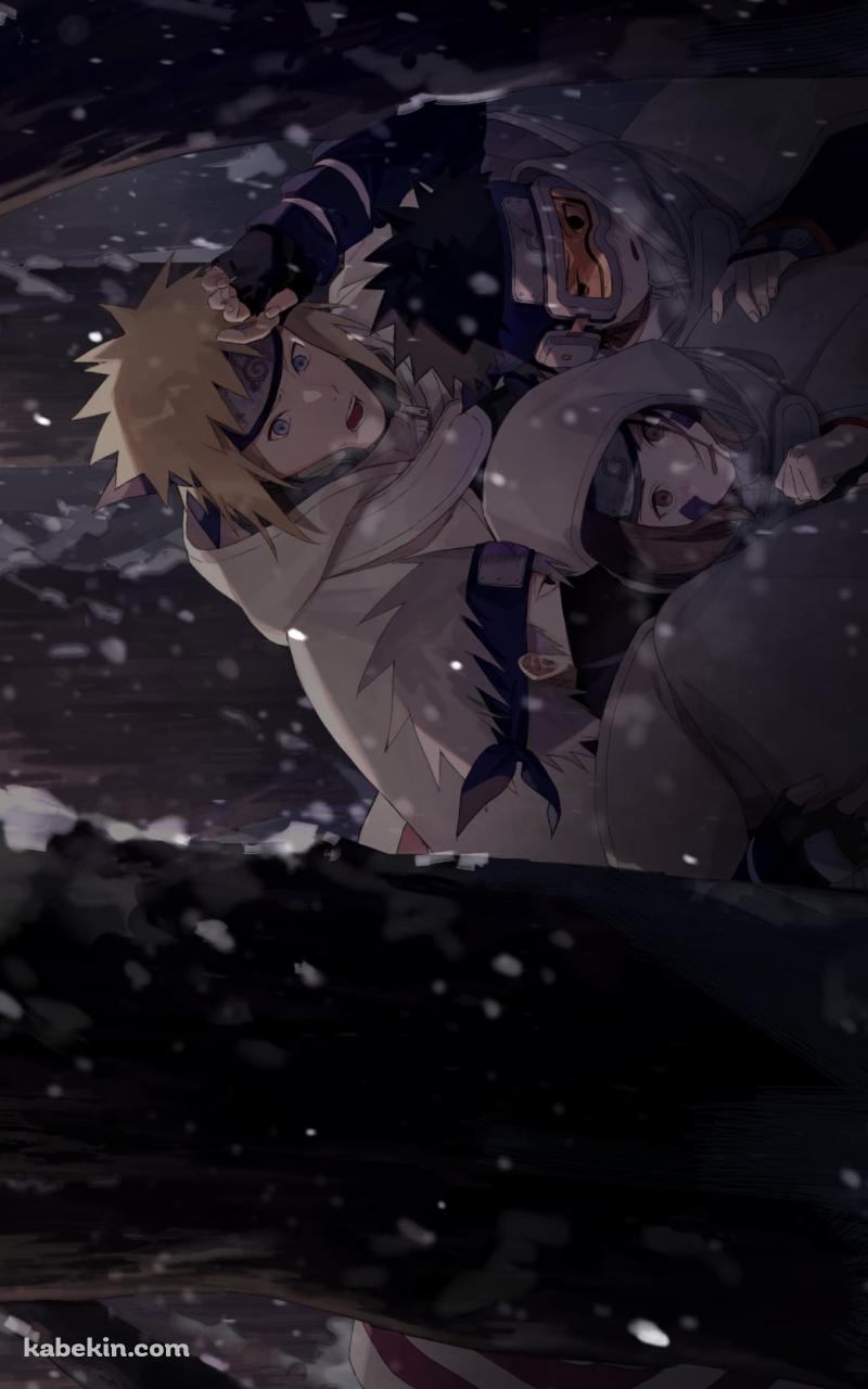雪が降る中、うずくまる波風ミナト / はたけカカシ / うちはオビト / のはらリン / NARUTOのAndroidの壁紙(800px x 1280px) スマホ用