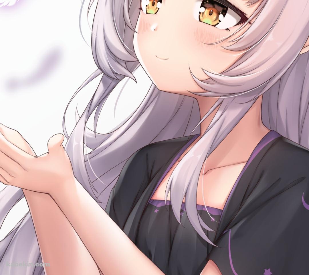 紫に光る羽に手をかざす紫咲シオン / ホロライブ / バーチャルYouTuber / VtuberのAndroidの壁紙(1080px x 960px) スマホ用