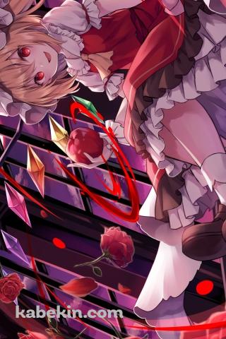 リンゴを持ち微笑むフランドール・スカーレット / 沢山の赤い薔薇 / 東方紅魔郷のAndroidの壁紙(320px x 480px) スマホ用