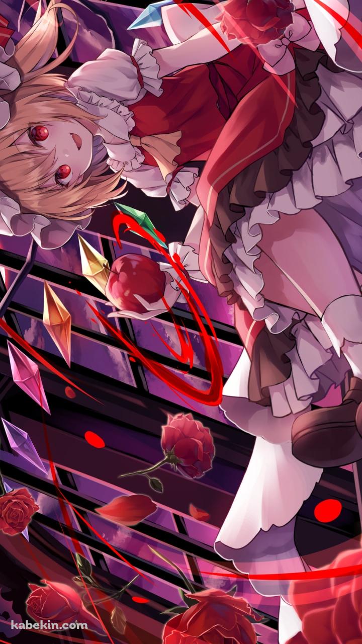 リンゴを持ち微笑むフランドール・スカーレット / 沢山の赤い薔薇 / 東方紅魔郷のAndroidの壁紙(720px x 1280px) スマホ用