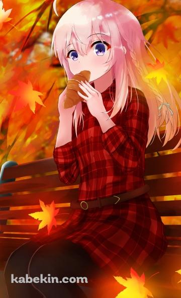 ベンチに座ってクロワッサンを食べるイレイナ / 秋 / 紅葉 / 魔女の旅々のAndroidの壁紙(360px x 592px) スマホ用