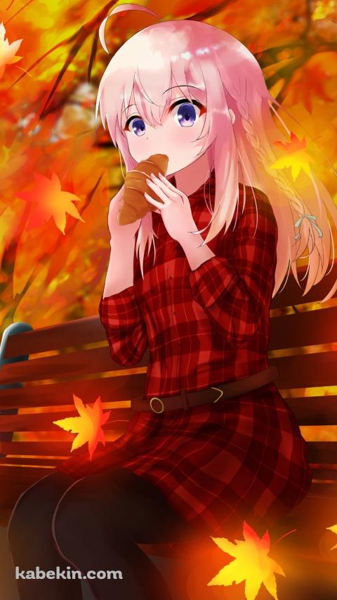 ベンチに座ってクロワッサンを食べるイレイナ / 秋 / 紅葉 / 魔女の旅々のAndroidの壁紙(480px x 854px) スマホ用
