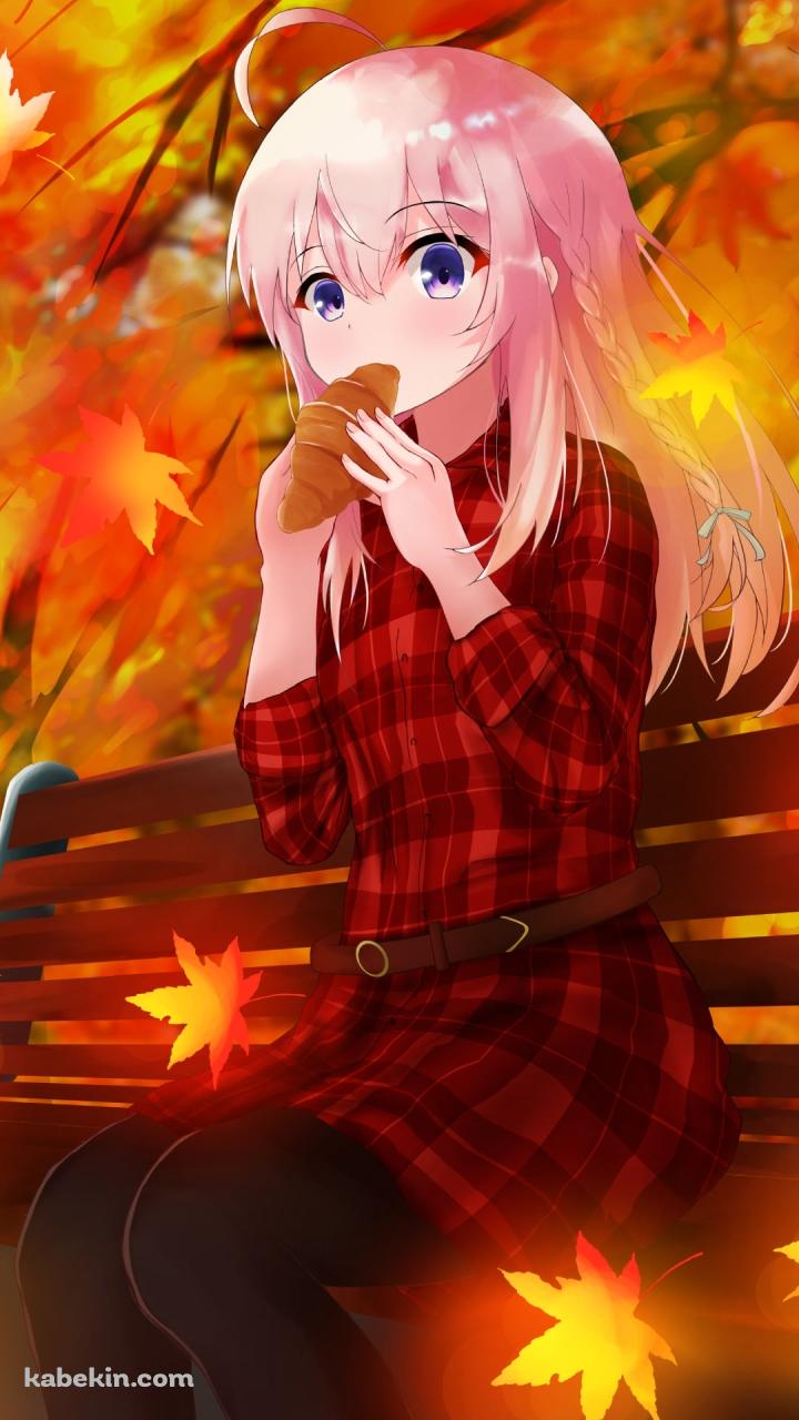 ベンチに座ってクロワッサンを食べるイレイナ / 秋 / 紅葉 / 魔女の旅々のAndroidの壁紙(720px x 1280px) スマホ用