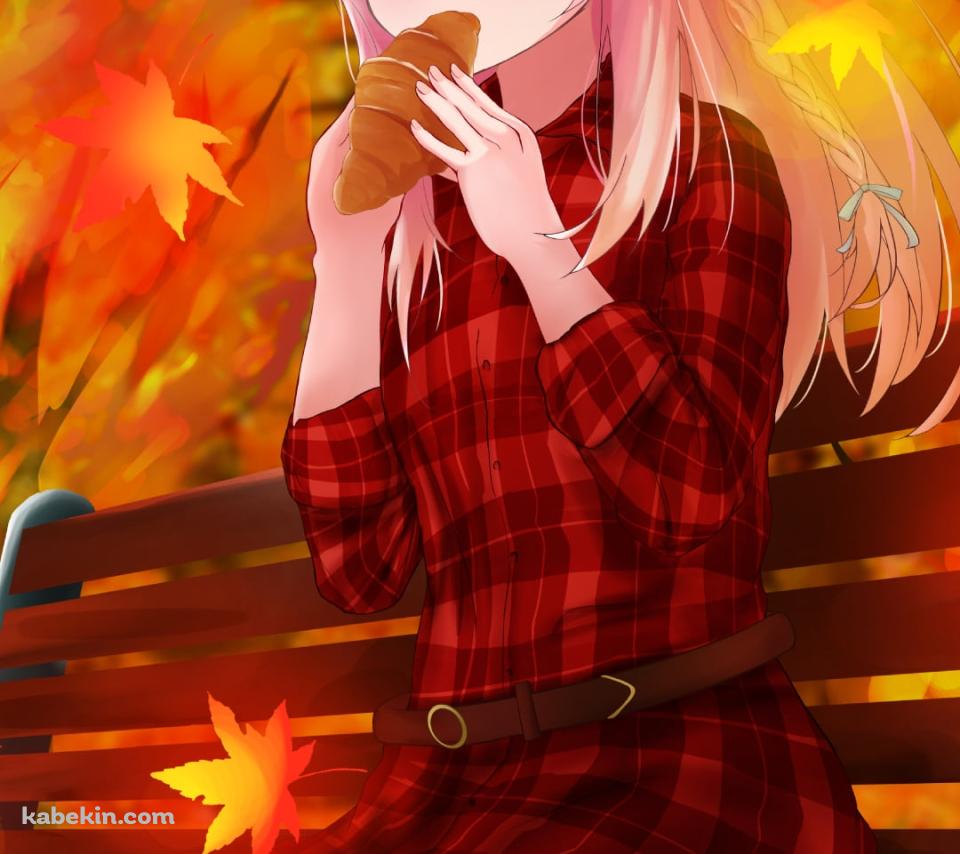 ベンチに座ってクロワッサンを食べるイレイナ / 秋 / 紅葉 / 魔女の旅々のAndroidの壁紙(960px x 854px) スマホ用
