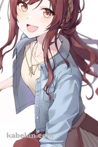笑顔の大崎甘奈 (おおさき あまな)  / 青いジャケット / 赤いスカート / アイドルマスターシャイニーカラーズのAndroidの壁紙(320px x 480px) スマホ用