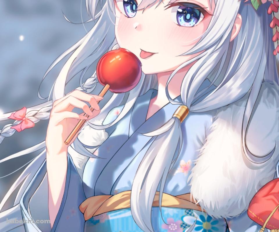 雪の中でりんご飴を舐める着物を着たイレイナ / 魔女の旅々のAndroidの壁紙(960px x 800px) スマホ用