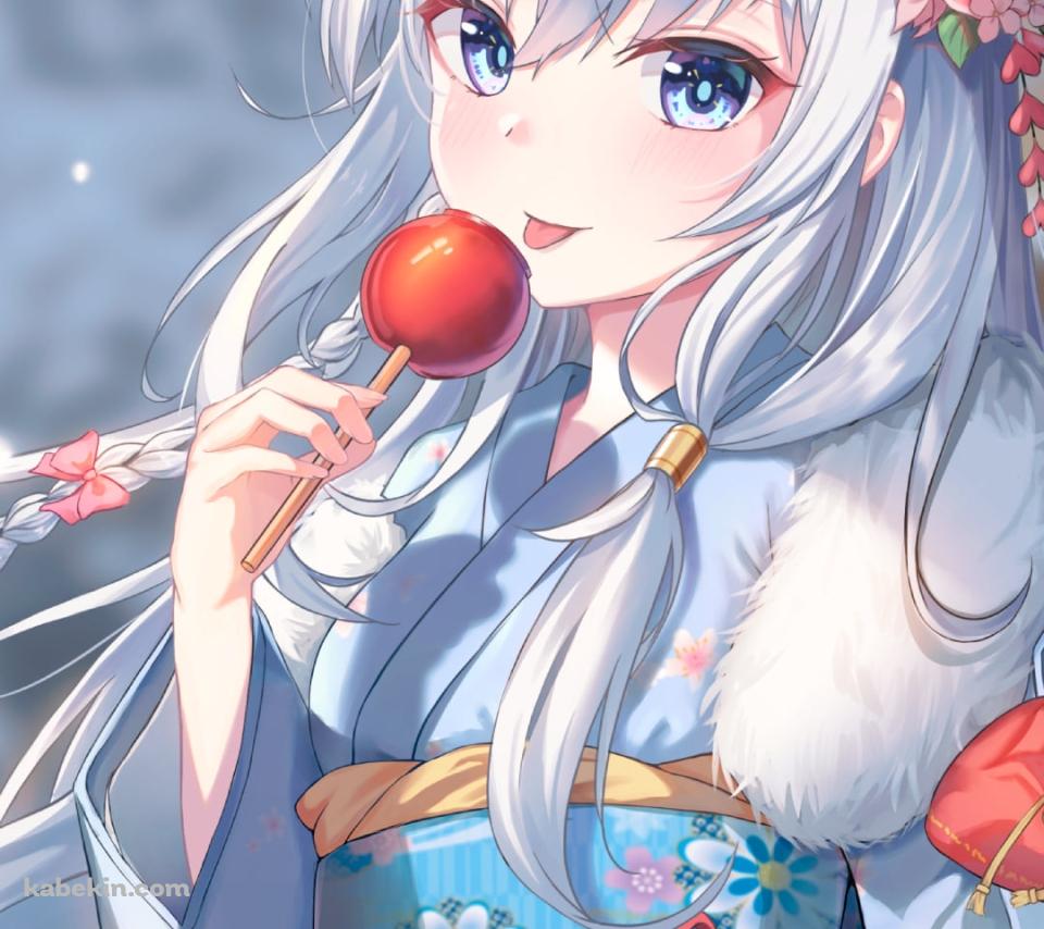 雪の中でりんご飴を舐める着物を着たイレイナ / 魔女の旅々のAndroidの壁紙(960px x 854px) スマホ用