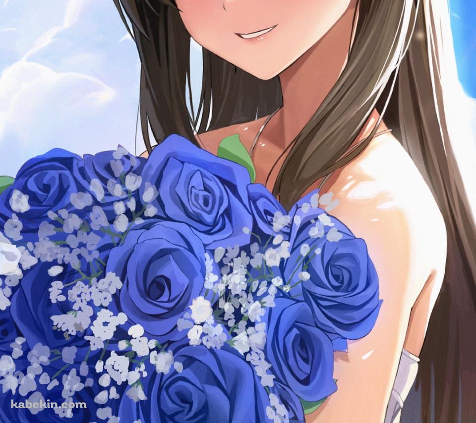 青い薔薇の花束を持ち微笑む渋谷凛 / アイドルマスターシャイニーカラーズのAndroidの壁紙(960px x 854px) スマホ用