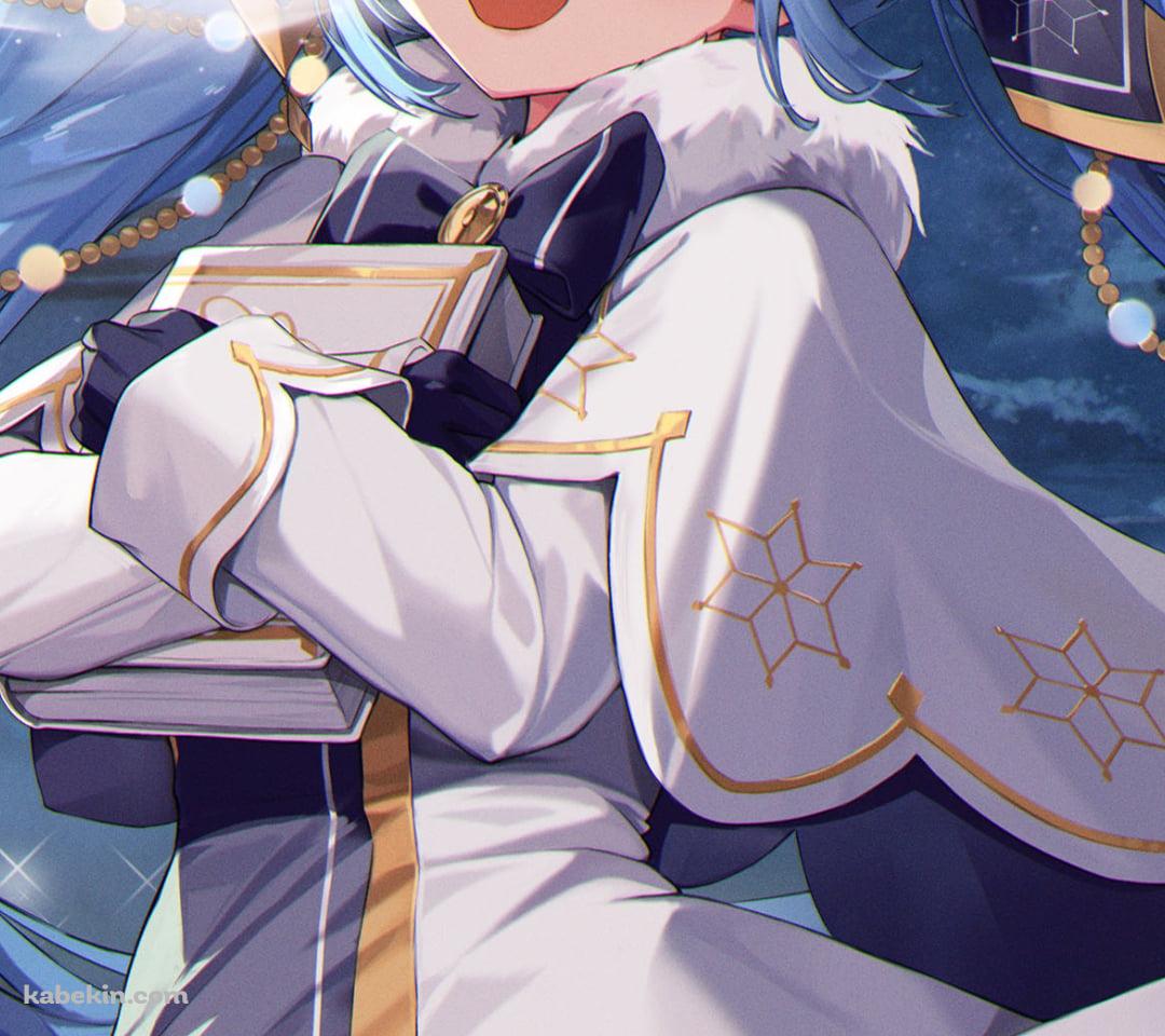 分厚い白い本を持つ笑顔の雪ミク / ボカロ / ボーカロイドのAndroidの壁紙(1080px x 960px) スマホ用