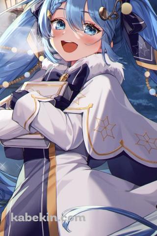 分厚い白い本を持つ笑顔の雪ミク / ボカロ / ボーカロイドのAndroidの壁紙(320px x 480px) スマホ用