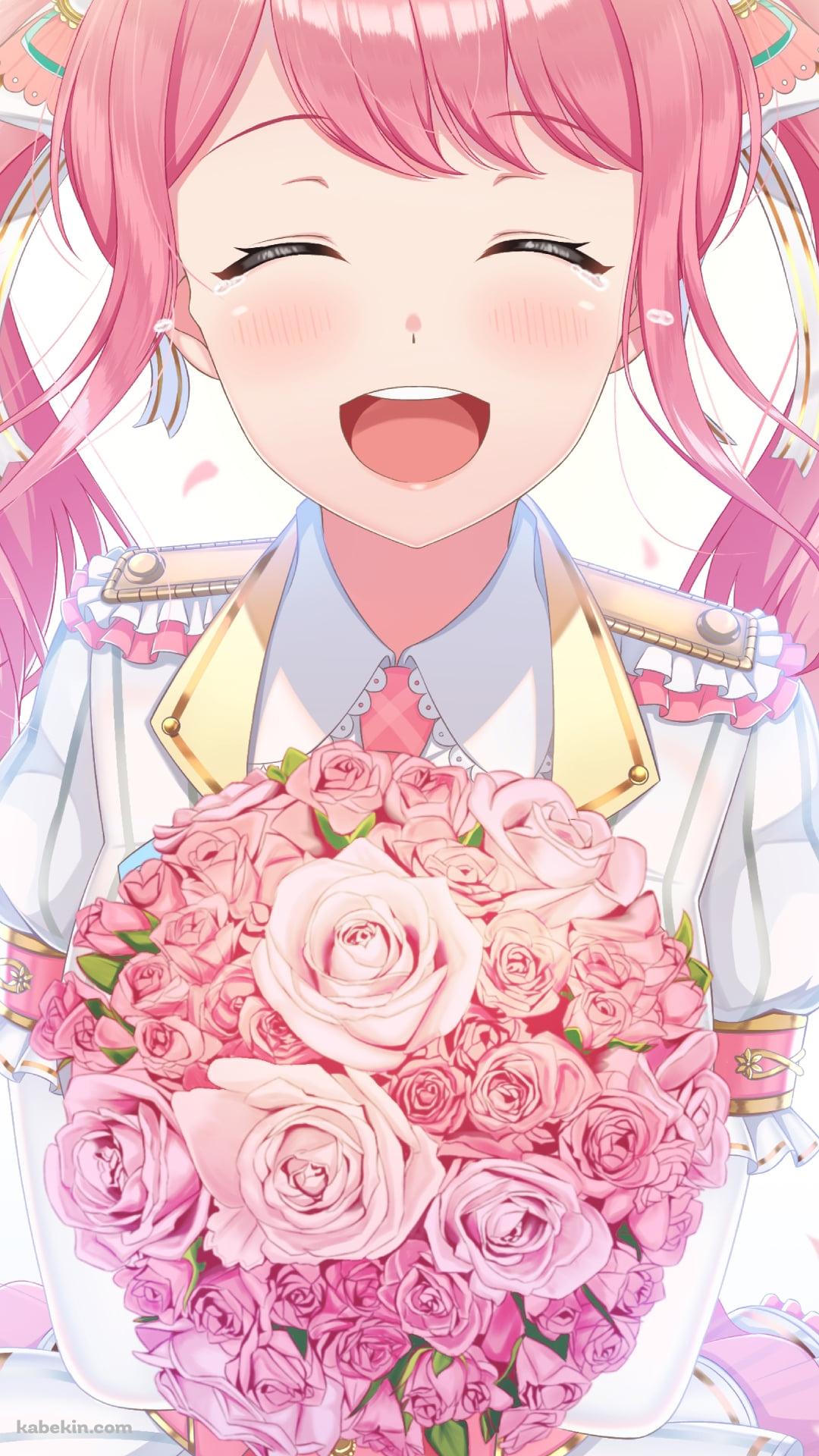 ピンクの薔薇の花束を持ち笑顔の丸山彩 / バンドリ！のAndroidの壁紙(1080px x 1920px) スマホ用