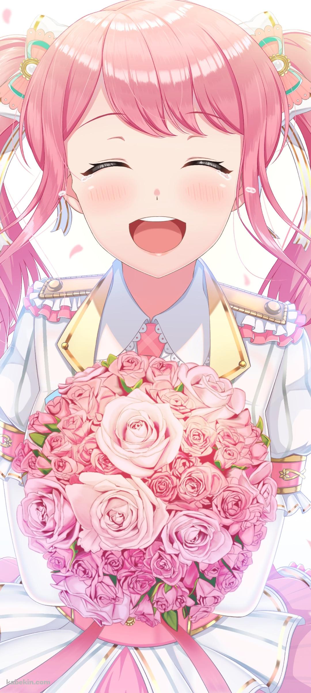ピンクの薔薇の花束を持ち笑顔の丸山彩 / バンドリ！のAndroidの壁紙(1080px x 2400px) スマホ用