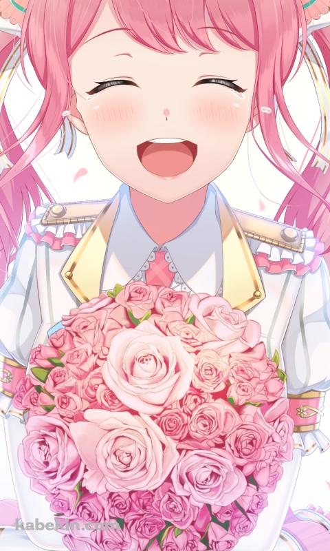 ピンクの薔薇の花束を持ち笑顔の丸山彩 / バンドリ！のAndroidの壁紙(480px x 800px) スマホ用