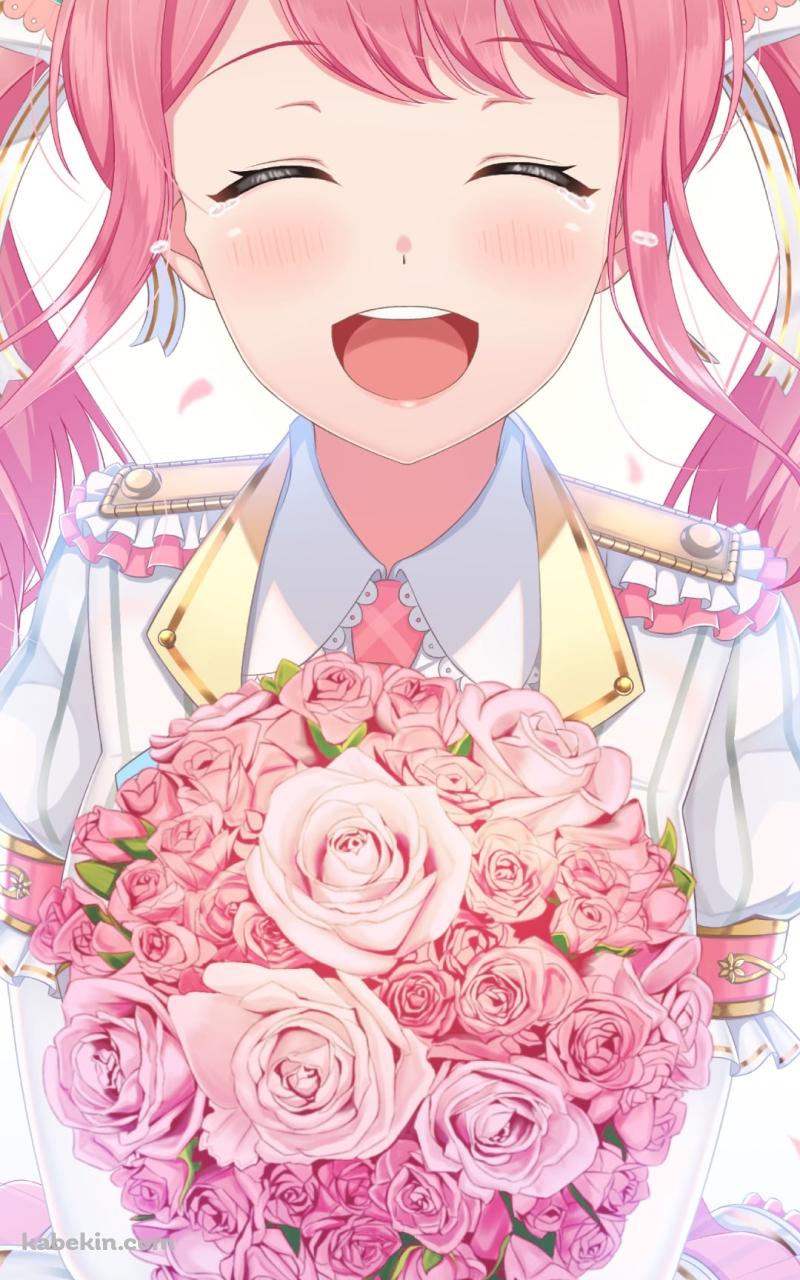 ピンクの薔薇の花束を持ち笑顔の丸山彩 / バンドリ！のAndroidの壁紙(800px x 1280px) スマホ用