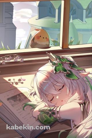 本を読みながら居眠りをするナヒーダ / 原神のAndroidの壁紙(320px x 480px) スマホ用