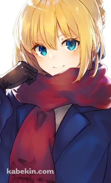 青いジャケット・赤いマフラーを付けたアルトリア・ペンドラゴン / FateのAndroidの壁紙(360px x 592px) スマホ用