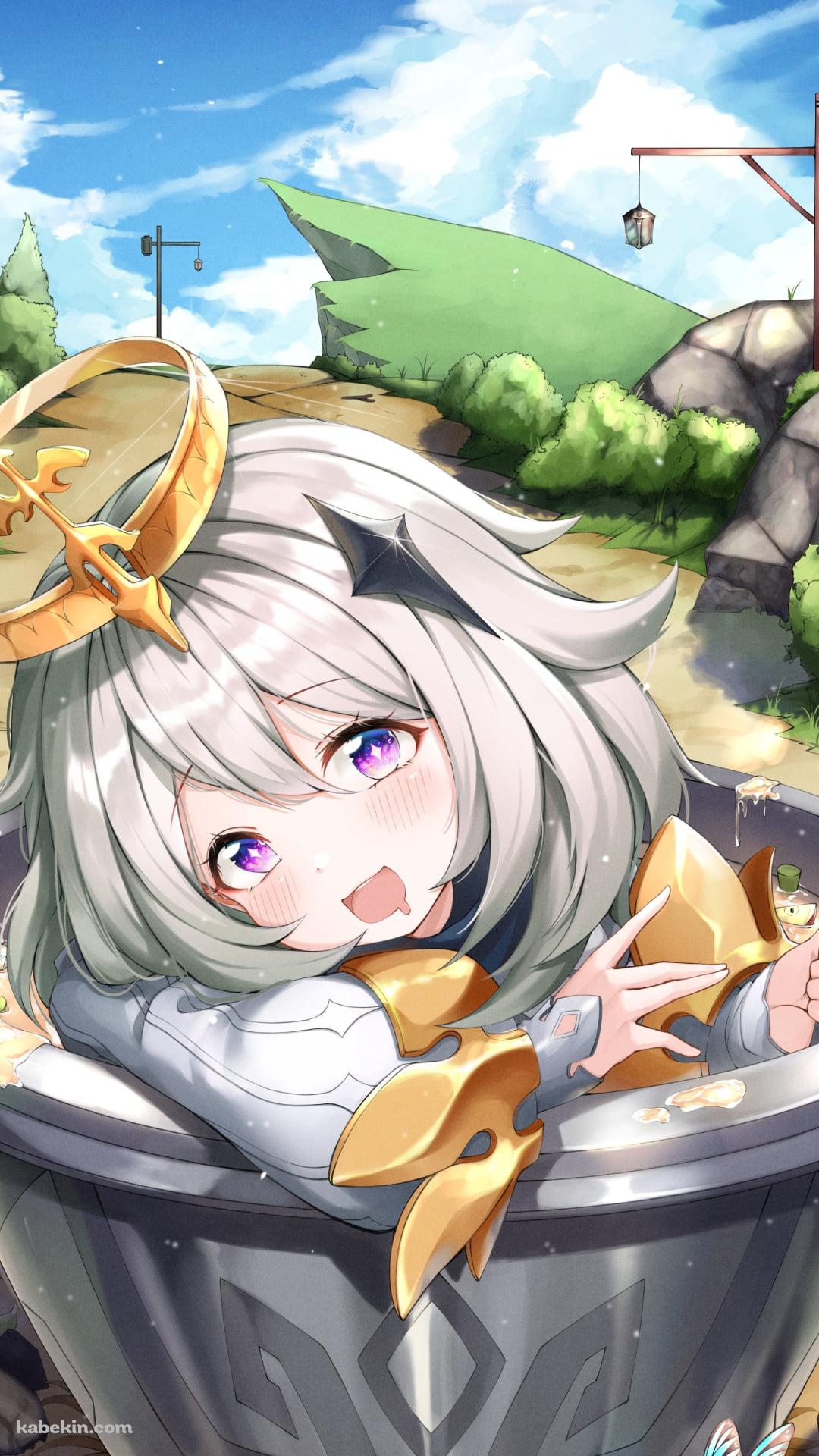 スープの中に入ってフォークを持っているパイモン / 原神のAndroidの壁紙(1080px x 1920px) スマホ用