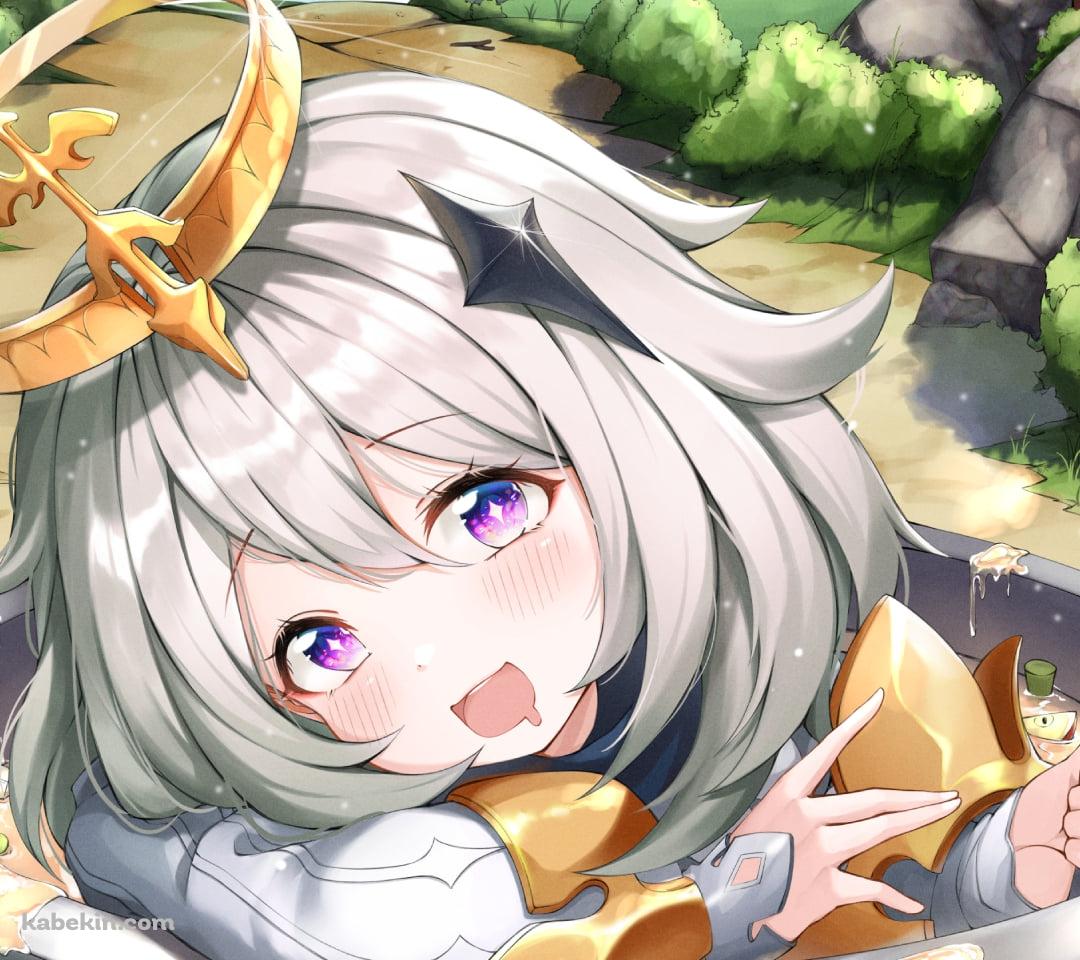 スープの中に入ってフォークを持っているパイモン / 原神のAndroidの壁紙(1080px x 960px) スマホ用
